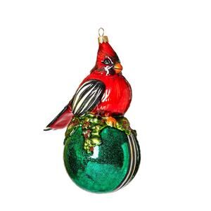 RETIRED Mackenzie-Childs Cozy Cardinal On Ball Glass Christmas Ornament New